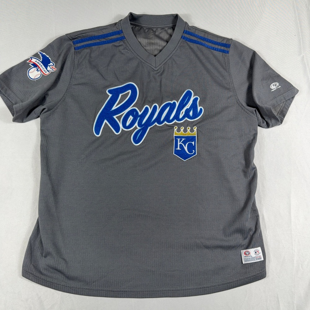 True Fan Kansas City Royals MLB Baseball Jersey‎ Mesh V-Neck Size L Grey Blue